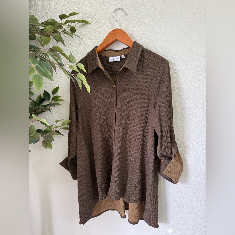 Vintage Habitat Brown Long Sleeve Wood Button Up Shirt Women’s Size XL